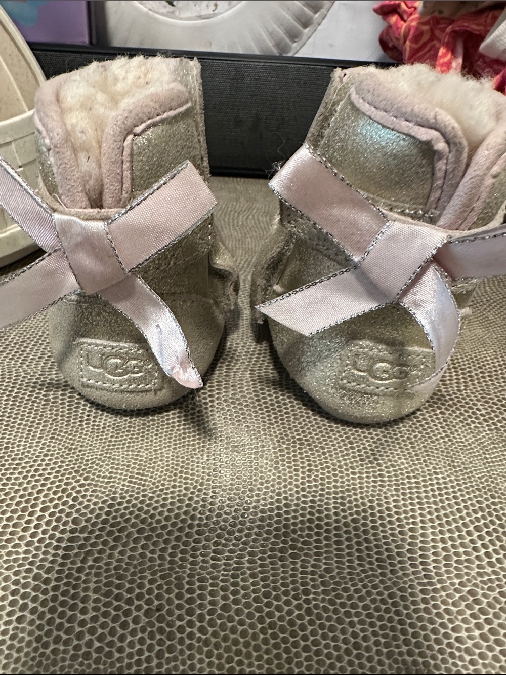 UGG Kids Metallic Pink Bow Booties with Shearling Trim